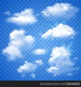 Realistic clouds decorative icons set on transparent blue sky background vector illustration. Transparent Clouds On Blue