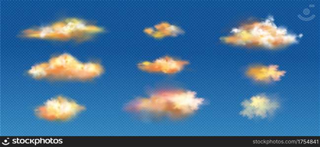 Realistic clouds of yellow or orange colors, sunset or sunrise fluffy spindrift or cumulus eddies flying weather and nature design elements isolated on transparent background, 3d vector icons set. Realistic clouds of yellow or orange colors set