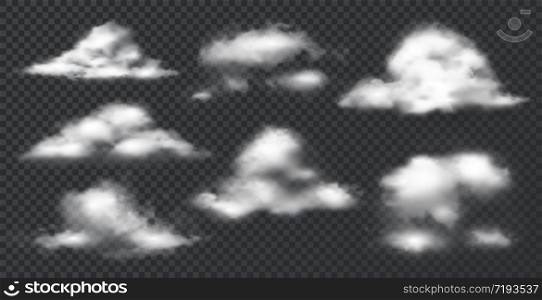 Realistic clouds. White fog and smoke mockup template, transparent atmosphere effect, steam and vapour in air. Vector isolated texture nature mist and cloud set. Realistic clouds. White fog and smoke mockup template, transparent atmosphere effect, steam and vapour in air. Vector mist and cloud set