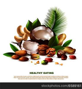 Realistic coconut cashew peanut walnut almond pistachio hazelnut and tree leaves on white background vector illustration. Nuts Realistic Illustration