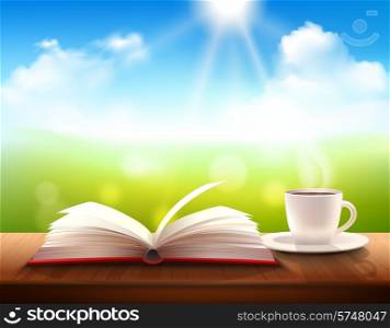 Realistic coffee cup and open book on table with sunny summer background vector illustration