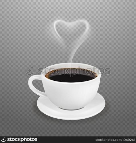 Realistic coffee cup. Hot heart steam, white espresso americano mug. Morning drink for energy vector illustration. Cup coffee drink, black aroma beverage. Realistic coffee cup. Hot heart steam, white espresso americano mug. Morning drink for energy vector illustration