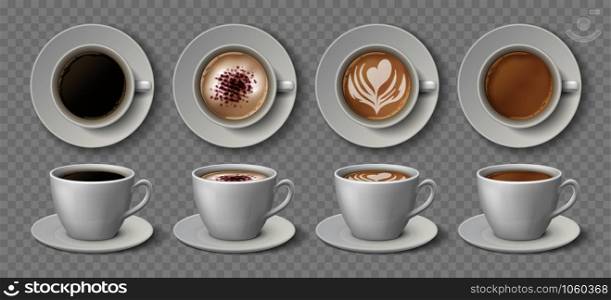 Realistic coffee cups. Espresso latte and cappuccino hot beverages, 3D mockup front and top views. Vector illustration isolated black coffee drink set on transparent background. Realistic coffee cups. Espresso latte and cappuccino hot beverages, 3D mockup front and top views. Vector coffee drink set