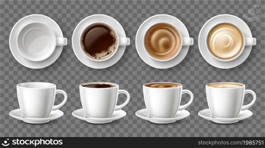 Realistic coffee cups. Porcelain mugs and saucers pair with different types drinks. Top and side view of ceramic tableware. Tasty cappuccino and latte. 3D white coffeecup templates. Vector utensil set. Realistic coffee cups. Porcelain mugs and saucers pair with different types drinks. Top and side view of ceramic tableware. Cappuccino and latte. 3D white coffeecups. Vector utensil set