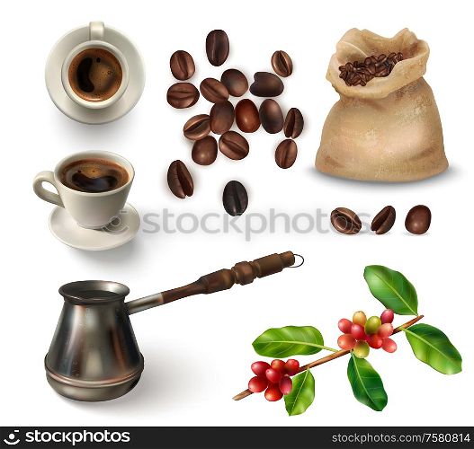 Realistic coffee icon set with brewed coffee beans and tukrish coffee pot vector illustration