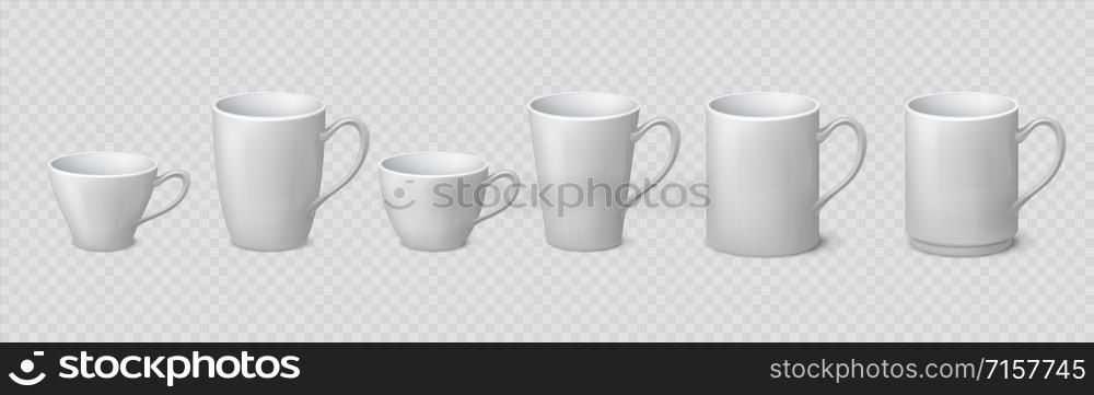 Realistic coffee mug. Blank ceramic white cup mockups isolated on transparent background, 3D porcelain teacup. Vector isolate illustration mock up clean coffee or tea drinking cups set. Realistic coffee mug. Blank ceramic white cup mockups isolated on transparent background, 3D porcelain teacup. Vector coffee cups set