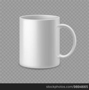 Realistic coffee or tea cup. White ceramic mug mockup side view empty utensil advertise and presentation template for branding vector 3d dishware single isolated on transparent background illustration. Realistic coffee or tea cup. White ceramic mug mockup side view empty utensil advertise and presentation template for branding vector 3d isolated on transparent background illustration