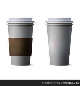 Realistic coffee paper cup with blank space and brown cover paper