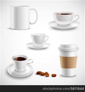 Realistic coffee set with paper cup china mug porcelain saucer isolated vector illustration. Realistic Coffee Set