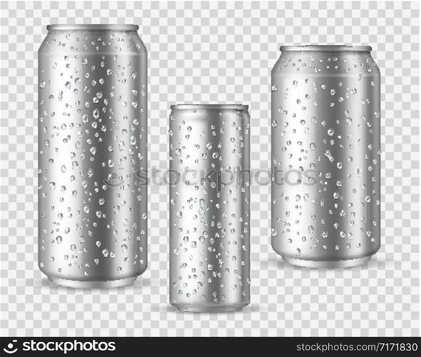 Realistic cold cans. Silver or aluminium metal wet blank energy drink and beer cans with droplets vector mockups