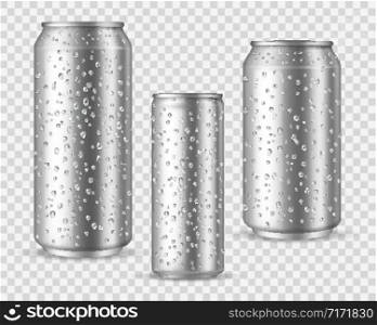 Realistic cold cans. Silver or aluminium metal wet blank energy drink and beer cans with droplets vector mockups