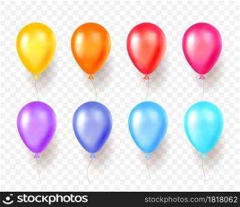 Realistic color balloons. 3d round shape multi color party objects, bright shades holiday elements, festival and carnival decor for event and congratulations vector set. Realistic color balloons. 3d round shape multi color party objects, bright shades holiday elements, festival and carnival decor. Vector set