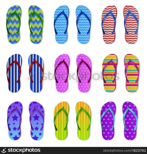 Realistic color flip flops. Rubber bright summer accessories, different design patterned sandals, swimming pool slippers shoes. Top view pair bright footwear with plastic sole. Vector isolated set. Realistic color flip flops. Rubber bright summer accessories, different design patterned sandals, swimming pool slippers shoes. Top view pair footwear with plastic sole vector isolated set