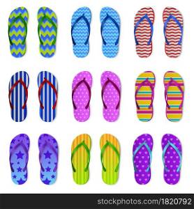 Realistic color flip flops. Rubber bright summer accessories, different design patterned sandals, swimming pool slippers shoes. Top view pair bright footwear with plastic sole. Vector isolated set. Realistic color flip flops. Rubber bright summer accessories, different design patterned sandals, swimming pool slippers shoes. Top view pair footwear with plastic sole vector isolated set