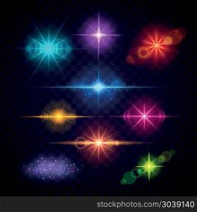 Realistic color lens flare light effects, vector party lights set. Realistic color lens flare light effects, vector party lights set. Multi-colored bright flashes illustration