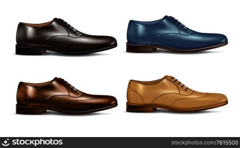 Realistic color man shoes icon set with four different color of boots vector illustration