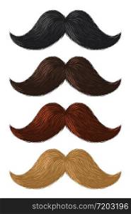 Realistic color moustaches. Black, blond and brown mustache, hipster and gentleman elegance design, barbershop facial hair vintage style vector set. Realistic color moustaches. Black, blond and brown mustache, hipster and gentleman elegance design, barbershop facial hair style vector set