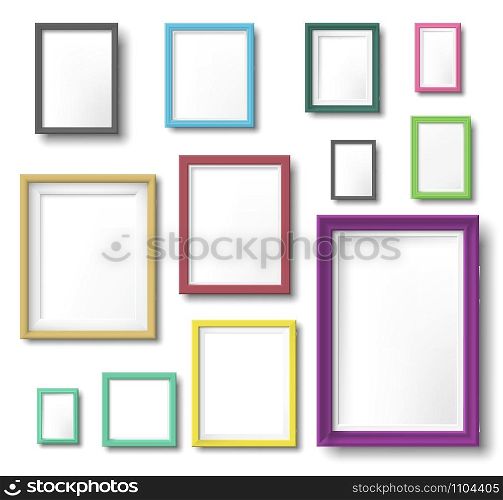 Realistic color photo frame. Rectangular picture frame hanging wall with realistic shadow, square borders and modern simple frames template. Wall photo shot album isolated vector icons set. Realistic color photo frame. Rectangular picture frame hanging wall with realistic shadow, square borders and modern simple frames template vector set