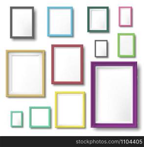 Realistic color photo frame. Rectangular picture frame hanging wall with realistic shadow, square borders and modern simple frames template. Wall photo shot album isolated vector icons set. Realistic color photo frame. Rectangular picture frame hanging wall with realistic shadow, square borders and modern simple frames template vector set