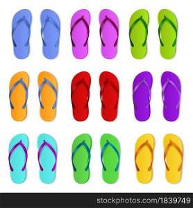Realistic color slippers. Isolated 3d bright rubber sandals, summer swimming pool flip flop, beach and bathroom open shoes pairs. Top view footwear plastic sole. Various bright colors. Vector set. Realistic color slippers. Isolated 3d bright rubber sandals, summer swimming pool flip flop, beach and bathroom open shoes pairs. Top view footwear plastic sole. Vector set
