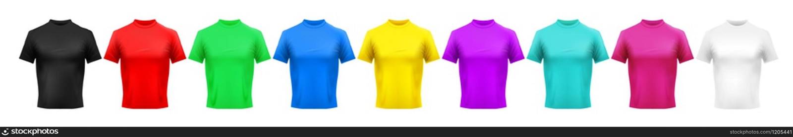 Realistic color t-shirt mockup. Red, green and blue men clothes. Yellow, purple and cyan colored shirt. Pink, black and white shirts template vector set. Bundle of blank tees, active wear, sportswear.. Realistic color t-shirt mockup. Red, green and blue men clothes. Yellow, purple and cyan colored shirt. Pink, black and white shirts template vector set