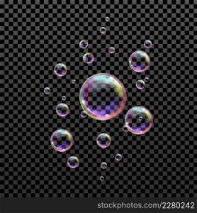 Realistic colored balls. Vector texture.Flying transparent soap bubbles.. Flying transparent soap bubbles of different shapes on a checkered background.