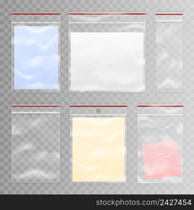 Realistic colored full and empty plastic bag icon set on transparent background vector illustration. Full And Empty Transparent Plastic Bag Set