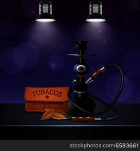 Realistic colored tobacco composition with hookah and tobacco on the table next vector illustration. Realistic Colored Tobacco Composition