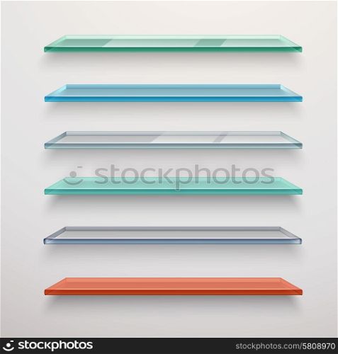 Realistic colored transparent glass wall shelves set isolated vector illustration. Glass Shelves Set