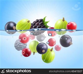 Realistic Colorful Berries Background. Realistic colorful berries background with black currant cranberry gooseberry blackberry dropped into water vector illustration