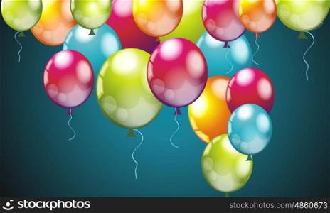 Realistic Colorful Birthday Balloons Flying for Party and Celebrations on Dark Blue Background. Vector Illustration