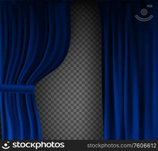 Realistic colorful blue velvet curtain folded on a transparent background. Option curtain at home in the cinema. Vector Illustration. EPS10. Realistic colorful blue velvet curtain folded on a transparent background. Option curtain at home in the cinema. Vector Illustration
