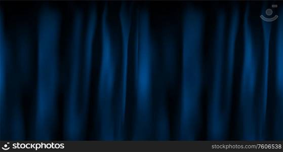 Realistic colorful blue velvet curtain folded. Option curtain at home in the cinema. Vector Illustration. EPS10. Realistic colorful blue velvet curtain folded. Option curtain at home in the cinema. Vector Illustration