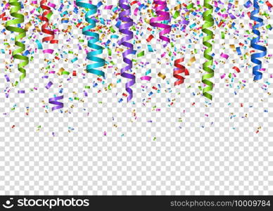 Realistic colorful  hanging serpentine and falling sparkling  confetti. Bright  shiny festive tinsel  isolated on transparent background.  Decoration for carnival, fiesta, birthday party, Christmas, New Year celebration. Curly  streamers  for festival decor. Vector  background.