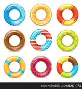 Realistic Colorful Life Rings Set . Life buoy swimming rings colorful realistic icons collection with american flag and chocolate doughnut isolated vector illustration