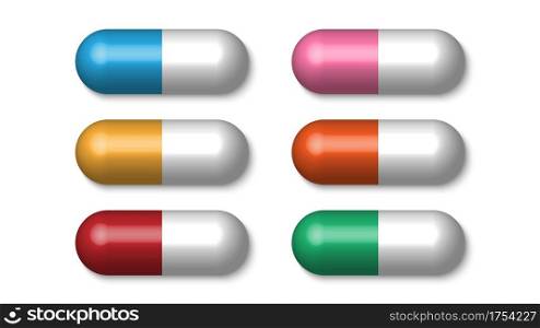 Realistic colorful medical pills, tablets, capsules isolated on white background, vector illustration