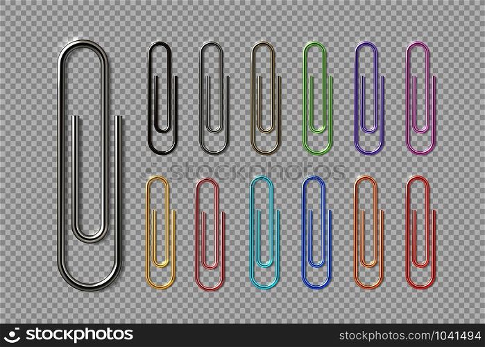 Realistic colorful paper clip set. Metal fasteners notebook holders. Vector illustrations colors steel paperclip for organizing work process. Realistic colorful paper clip set. Metal fasteners notebook holders. Vector illustrations colors steel paperclip