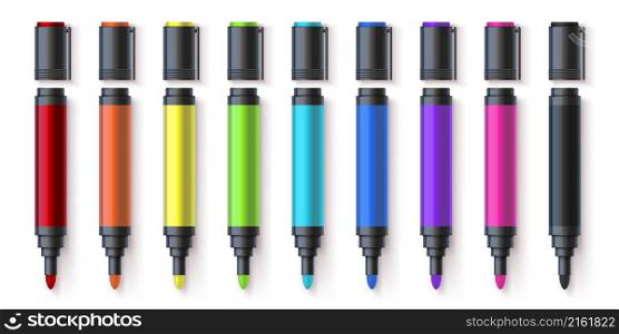 Realistic colorful permanent markers, drawing pen palette. Stationery highlighters. Children and artist painting tools colors 3d vector set. Bright pens for underlining and highlighting text. Realistic colorful permanent markers, drawing pen palette. Stationery highlighters. Children and artist painting tools colors 3d vector set