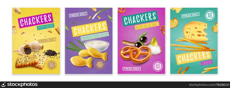 Realistic colorful posters with salty crackers with different flavours isolated vector illustration