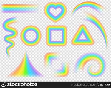Realistic colorful rainbow shapes, lines, waves and curves. Magic rainbow circle, heart, square frames and spiral. Pride symbol vector set. Bright fantasy elements of different forms. Realistic colorful rainbow shapes, lines, waves and curves. Magic rainbow circle, heart, square frames and spiral. Pride symbol vector set