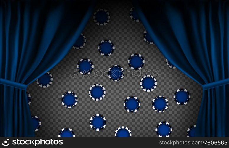 Realistic colorful red velvet curtain. Under the curtains gambling chips gambling. Option curtain at home in casino. Vector Illustration. EPS10. Realistic colorful red velvet curtain. Under the curtains gambling chips gambling. Option curtain at home in casino. Vector Illustration