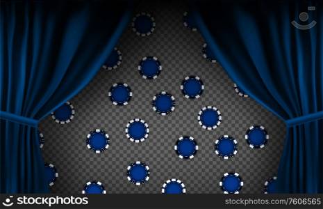 Realistic colorful red velvet curtain. Under the curtains gambling chips gambling. Option curtain at home in casino. Vector Illustration. EPS10. Realistic colorful red velvet curtain. Under the curtains gambling chips gambling. Option curtain at home in casino. Vector Illustration