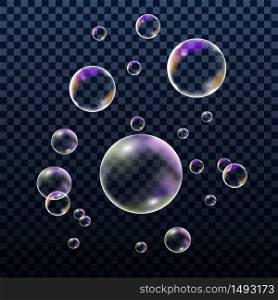 Realistic colorful soap bubbles, set of design elements isolated on transparent background. Vector illustration