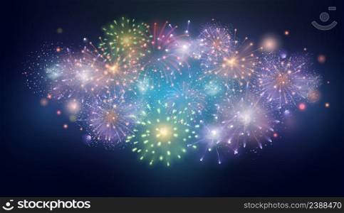 Realistic colourful fireworks burst in night sky background. Summer festival, anniversary or christmas celebration. Firework vector effect. New year or birthday holiday event with explosion. Realistic colourful fireworks burst in night sky background. Summer festival, anniversary or christmas celebration. Firework vector effect
