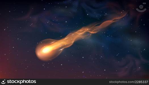 Realistic comet or falling meteor with trail in night sky with stars. Burning shooting star with glowing gas tail. Space vector. Meteor light falling, asteroid effect sparkle in cosmos illustration. Realistic comet or falling meteor with trail in night sky with stars. Burning shooting star with glowing gas tail. Space vector background