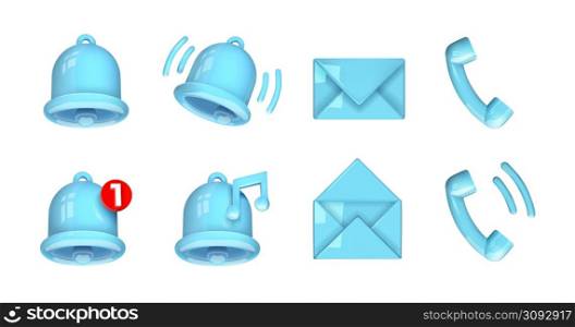 Realistic communication icon. 3D plastic phone, notification bell and message glossy symbol. Ringing handset and handbell. Letter envelope. Web interface elements. Vector blue web notice signs set. Realistic communication icon. 3D plastic phone, notification bell and message symbol. Ringing handset and handbell. Letter envelope. Web interface elements. Vector web notice signs set