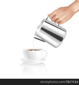 Realistic composition with barista hand pouring milk into cup of coffee vector illustration