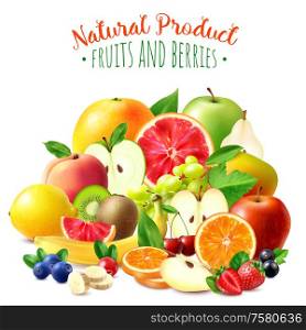 Realistic composition with different natural ripe fruits and berries on white background vector illustration