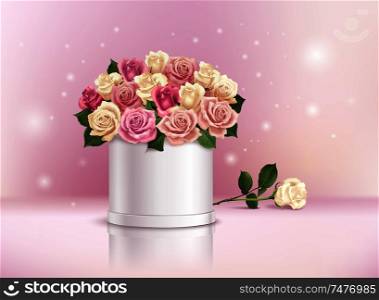 Realistic composition with romantic bunch of colorful roses in box vector illustration