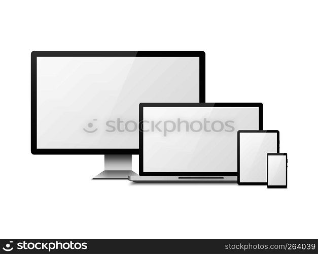 Realistic computer. Devices laptop tablet phone smartphone monitor, computer desktop screen, responsive vector web layout. Realistic computer. Devices laptop tablet phone smartphone monitor, computer desktop screen, responsive web layout